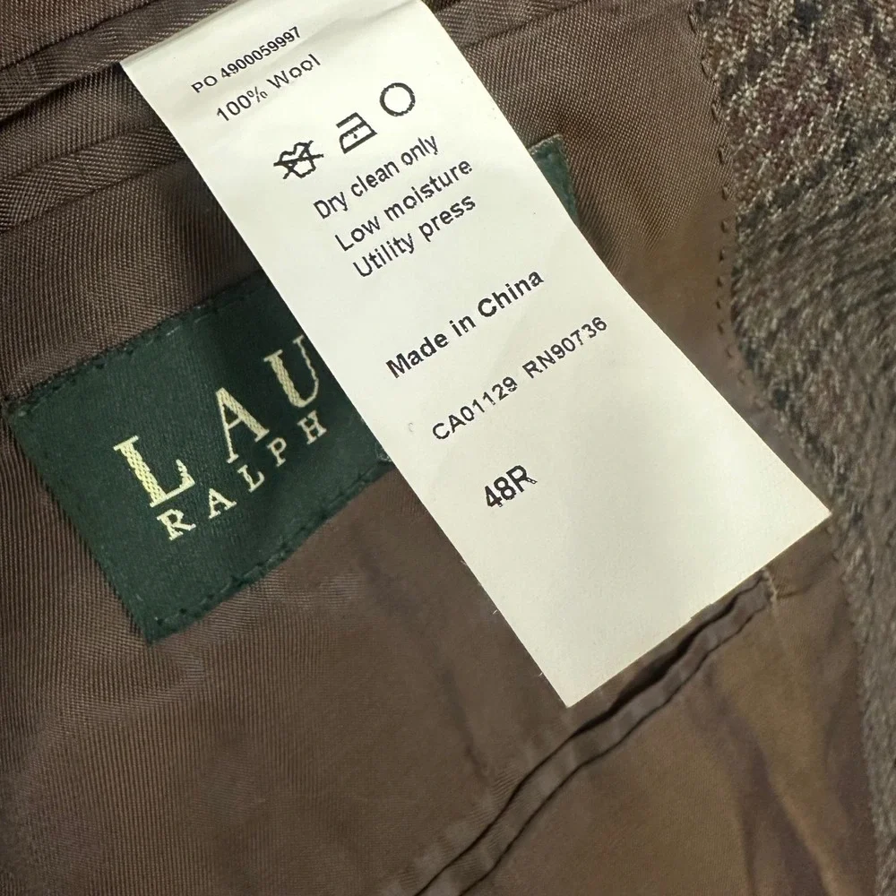 Ralph Lauren Classic Fit Plaid‎ Wool Blazer Men Size 48R Brown Business Casual
